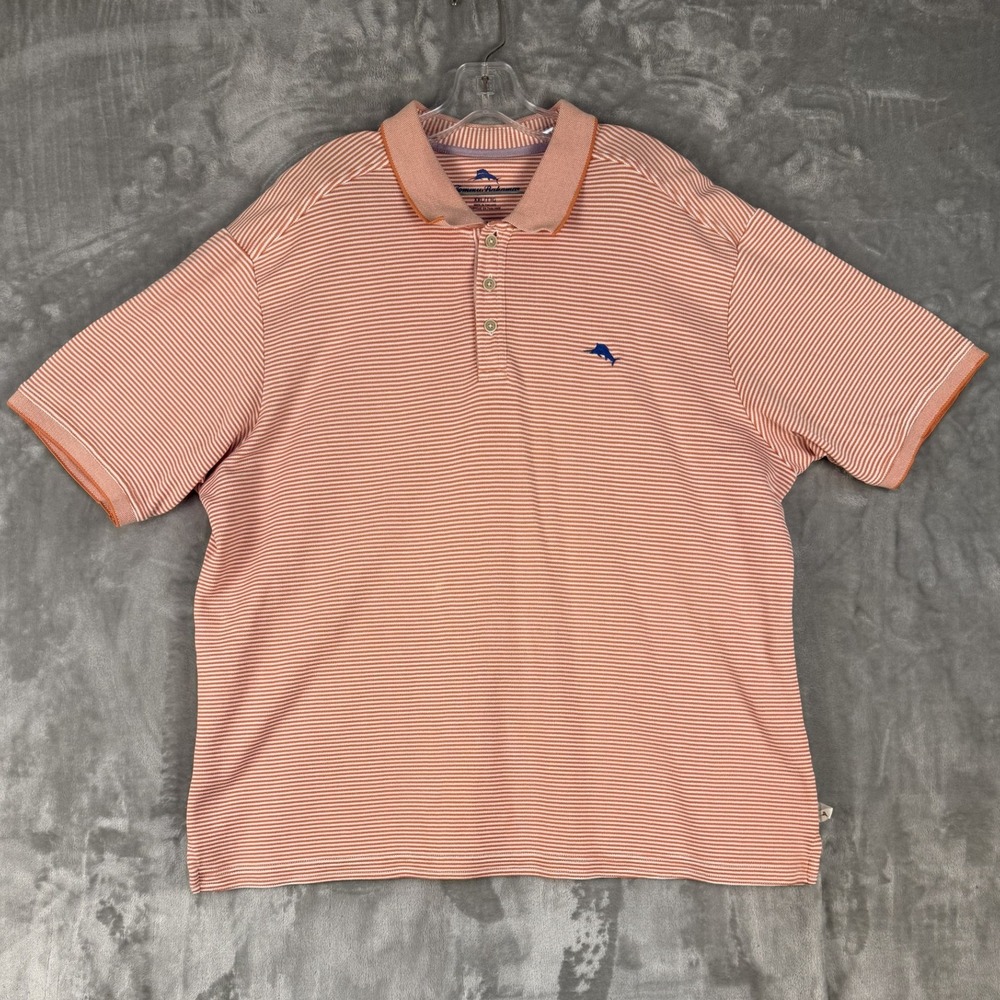 Tommy Bahama Mens XXL Orange White Stripe Polo Shirt Big Tall Relaxed‎ Fit